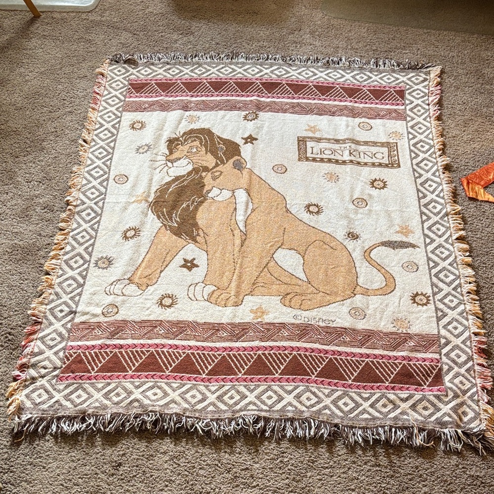 Vintage 90s Disney The Lion King Woven Throw Blanket - Tan, Cream & Brown